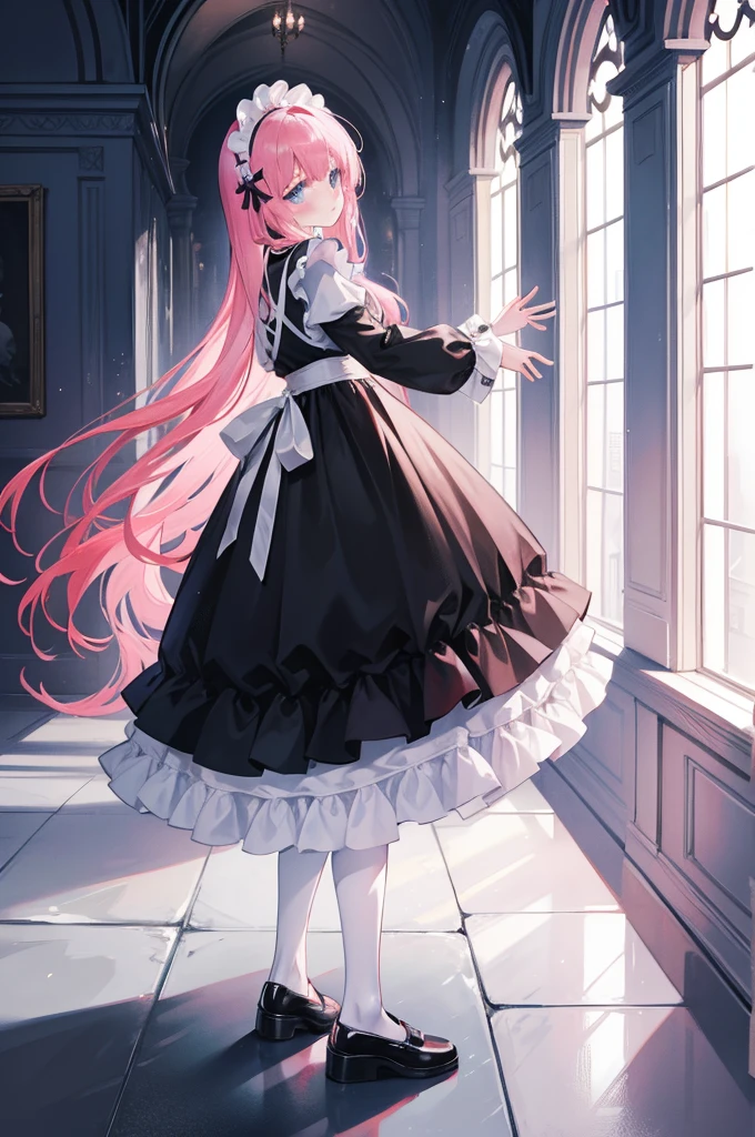 "1 girl with long pink hair, eBlue eyes, There is a small on the front, Dress up in a black and white maid outfit, A black skirt with a white apron, White stockings, Harnes, no shoe, Stand in a medieval corridor, The resolution is ridiculously high, Super sharp 8K picture quality, Create visual masterpieces, and gazes charmingly at the audience."