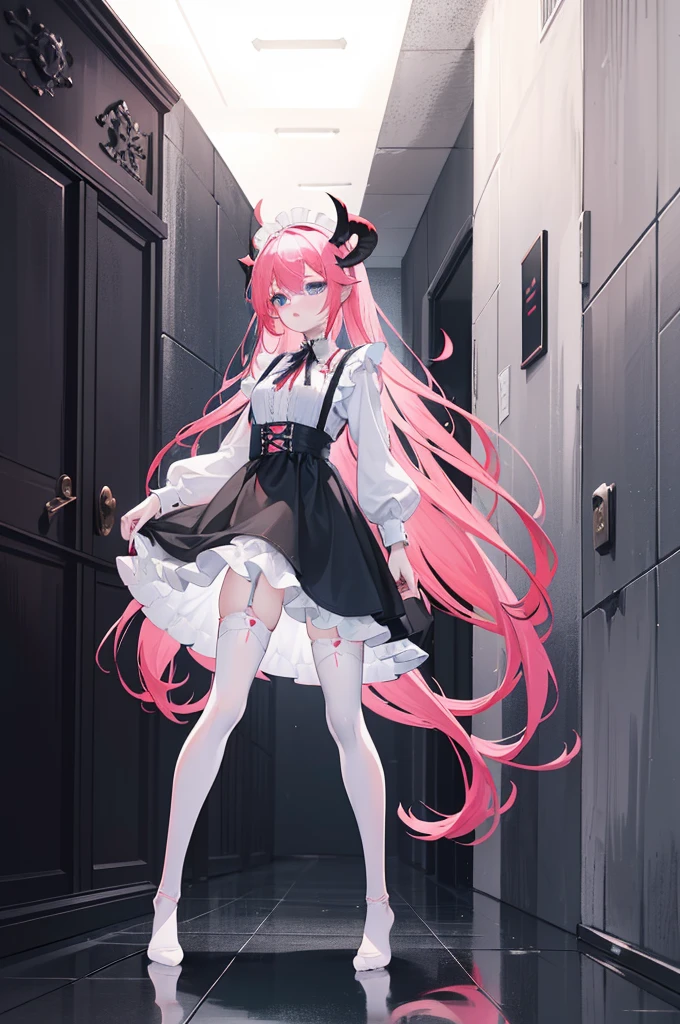 "1girl with long pink hair, blue eyes, small frontal facing red horns, donning a black and white maid outfit, black skirt with white apron, white stockings, suspenders, no shoes, standing in a medieval corridor, in absurdly high resolution, ultra-sharp 8K image quality, creating a visual masterpiece, and captivatingly staring at the viewer."