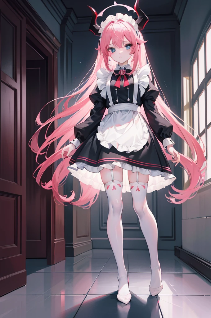 "1girl with long pink hair, blue eyes, small frontal facing red horns, donning a black and white maid outfit, black skirt with white apron, white stockings, suspenders, no shoes, standing in a medieval corridor, in absurdly high resolution, ultra-sharp 8K image quality, creating a visual masterpiece, and captivatingly staring at the viewer."