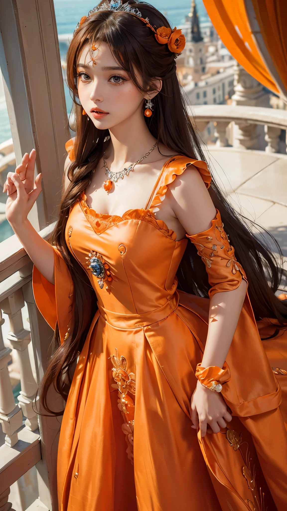 8k, masterpiece, 1 girl, beautiful face, very long hair, hair ornament, light makeup, detailed eyes, small round breast, ultra detailed clothes (orange princess dress:1.5), lace:1.5, ((closed up)), necklace, jewellery, amazing balcony background,