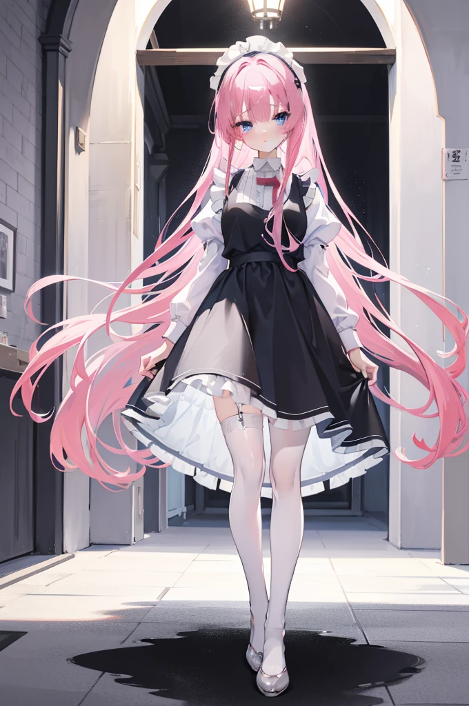 "1girl with long pink hair, blue eyes, mitsukasa ayase, donning a black and white maid outfit, black skirt with white apron, white stockings, suspenders, no shoes, standing in a medieval corridor, in absurdly high resolution, ultra-sharp 8K image quality, creating a visual masterpiece, and captivatingly staring at the viewer."