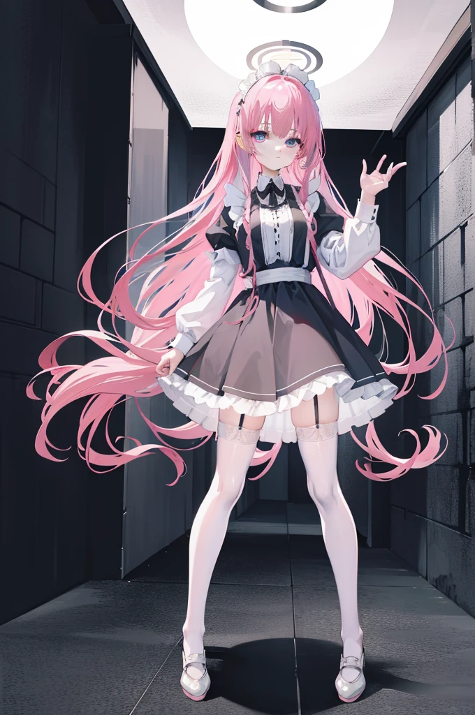 "1girl with long pink hair, blue eyes, mitsukasa ayase, donning a black and white maid outfit, black skirt with white apron, white stockings, suspenders, no shoes, standing in a medieval corridor, in absurdly high resolution, ultra-sharp 8K image quality, creating a visual masterpiece, and captivatingly staring at the viewer."