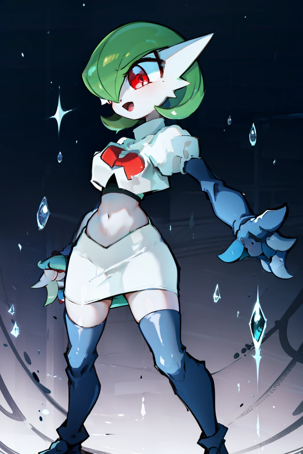 gardevoir,1girl,team rocket,team rocket uniform,white skirt,crop top,black thigh-highs,black elbow gloves,