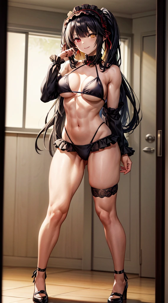 1 girl, bare shoulders, black hair, medium breasts, muscular legs, muscular belly, wide hips, thin waist, (((clock eyes))), (wearing a very short and sexy bikini), finger to mouth, ((( in motel room))), full body, goth, hairband, (standing), heterochromia, index finger raised, black high heel shoes, ta hairband, long hair, Looking at Viewer, red eyes, smile, alone, symbol-shaped pupils, (Kurumi Tokisaki), twintails, uneven Double tails, yellow eyes,
