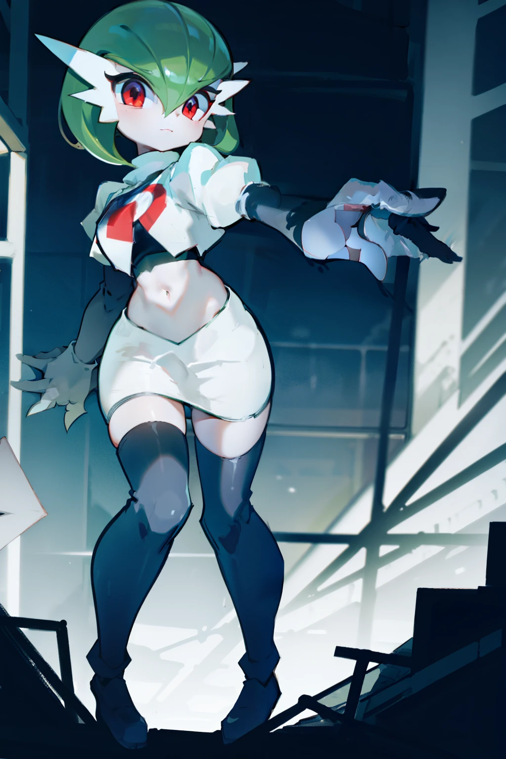 gardevoir,1girl,team rocket,team rocket uniform,white skirt,crop top,black thigh-highs,black elbow gloves,