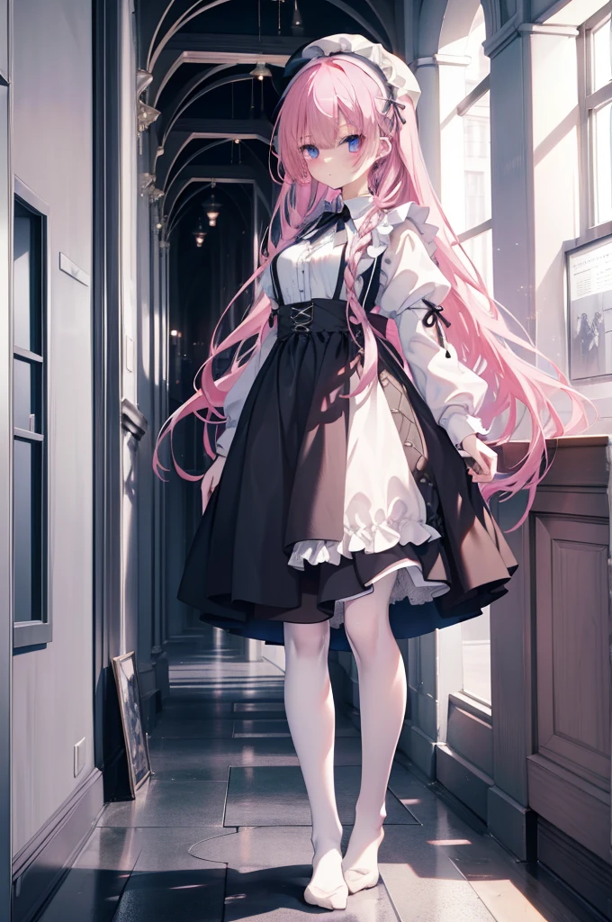 "1girl with long pink hair, blue eyes, mitsukasa ayase, donning a black and white maid outfit, black skirt with white apron, white stockings, suspenders, no shoes, standing in a medieval corridor, in absurdly high resolution, ultra-sharp 8K image quality, creating a visual masterpiece, and captivatingly staring at the viewer."