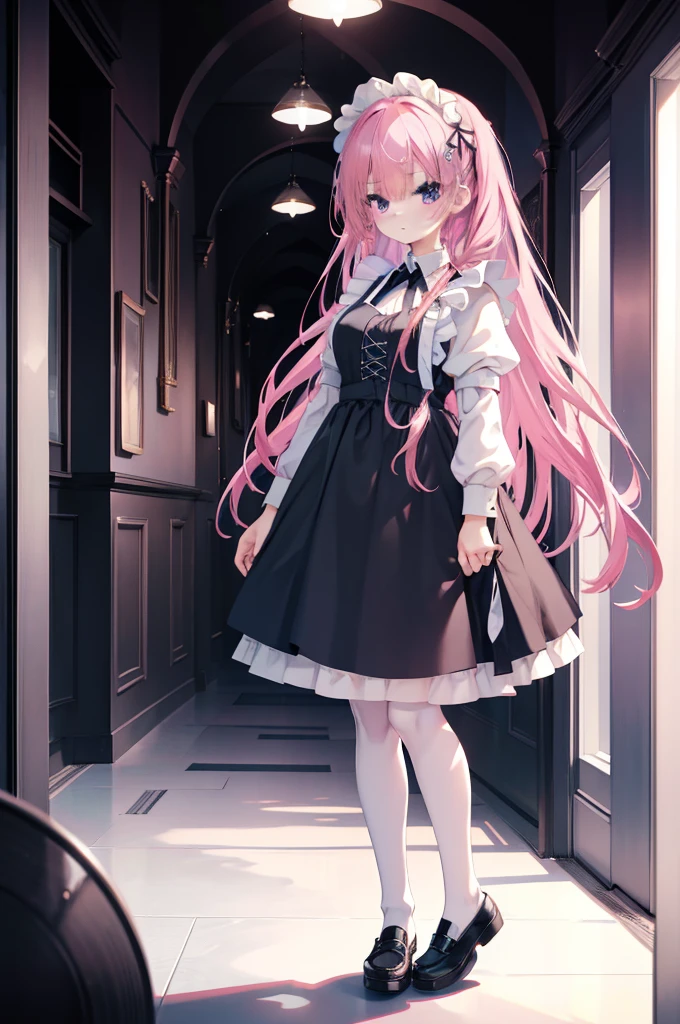 "1girl with long pink hair, blue eyes, mitsukasa ayase, donning a black and white maid outfit, black skirt with white apron, white stockings, suspenders, no shoes, standing in a medieval corridor, in absurdly high resolution, ultra-sharp 8K image quality, creating a visual masterpiece, and captivatingly staring at the viewer."