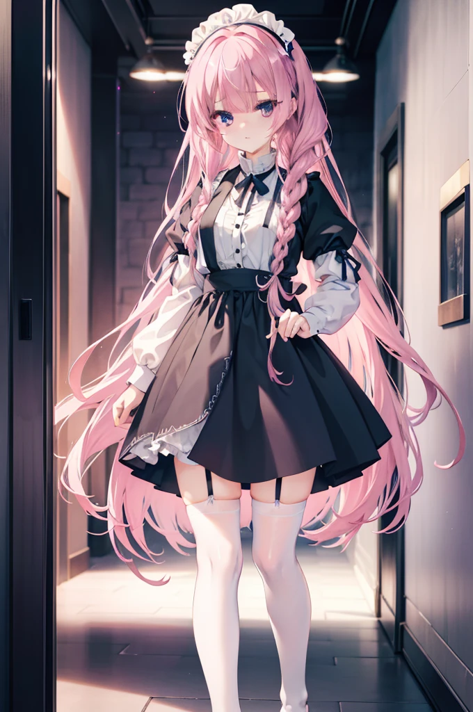 "1girl with long pink hair, blue eyes, mitsukasa ayase, donning a black and white maid outfit, black skirt with white apron, white stockings, suspenders, no shoes, standing in a medieval corridor, in absurdly high resolution, ultra-sharp 8K image quality, creating a visual masterpiece, and captivatingly staring at the viewer."