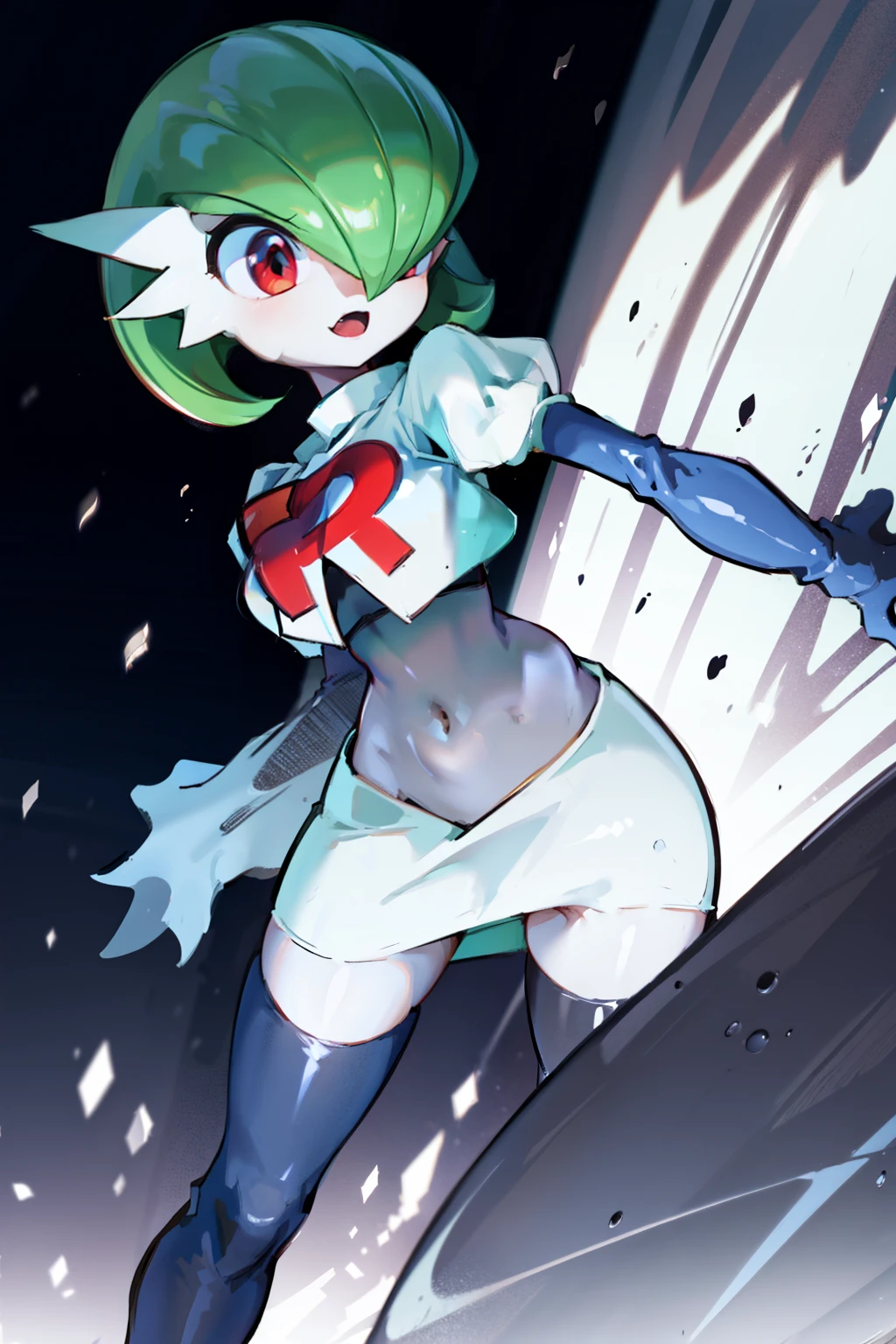 gardevoir,1girl,team rocket,team rocket uniform,white skirt,crop top,black thigh-highs,black elbow gloves,