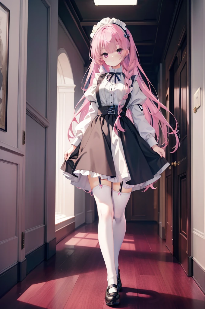 "1girl with long pink hair, mitsukasa ayase, donning a black and white maid outfit, black skirt with white apron, white stockings, suspenders, no shoes, standing in a medieval corridor, in absurdly high resolution, ultra-sharp 8K image quality, creating a visual masterpiece, and captivatingly staring at the viewer."