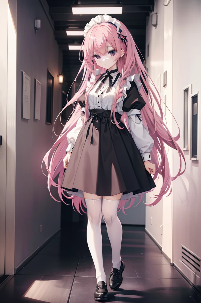 "1girl with long pink hair, mitsukasa ayase, donning a black and white maid outfit, black skirt with white apron, white stockings, suspenders, no shoes, standing in a medieval corridor, in absurdly high resolution, ultra-sharp 8K image quality, creating a visual masterpiece, and captivatingly staring at the viewer."