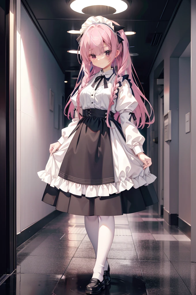 "1girl with long pink hair, mitsukasa ayase, donning a black and white maid outfit, black skirt with white apron, white stockings, suspenders, no shoes, standing in a medieval corridor, in absurdly high resolution, ultra-sharp 8K image quality, creating a visual masterpiece, and captivatingly staring at the viewer."