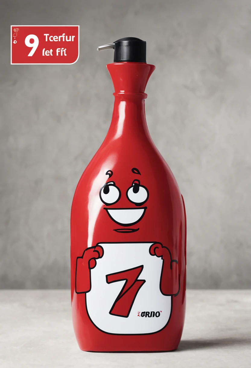 "Create an eye-catching and humorous illustration of a red handwash bottle transformed into a meme character. The bottle should sport a playful expression, and prominently feature the number '7' on its label. Let your creativity shine as you bring this quirky handwash bottle to life in a way that would make it the perfect centerpiece for a memorable and shareable meme."