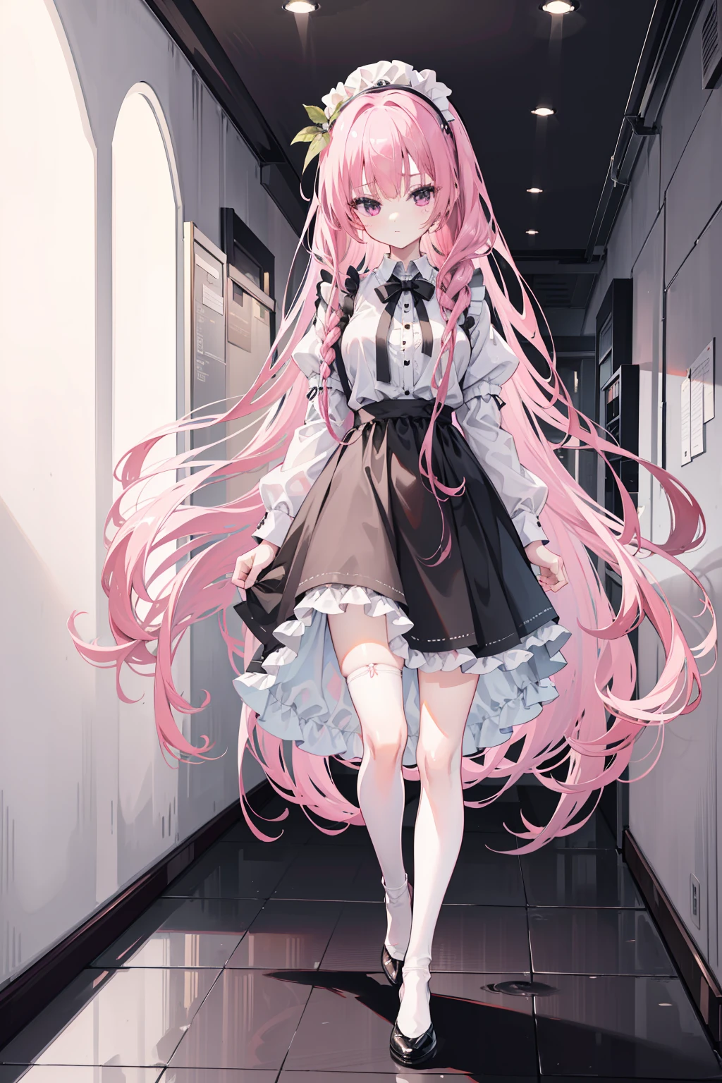 "1girl with long pink hair, mitsukasa ayase, donning a black and white maid outfit, black skirt with white apron, white stockings, suspenders, no shoes, standing in a medieval corridor, in absurdly high resolution, ultra-sharp 8K image quality, creating a visual masterpiece, and captivatingly staring at the viewer."