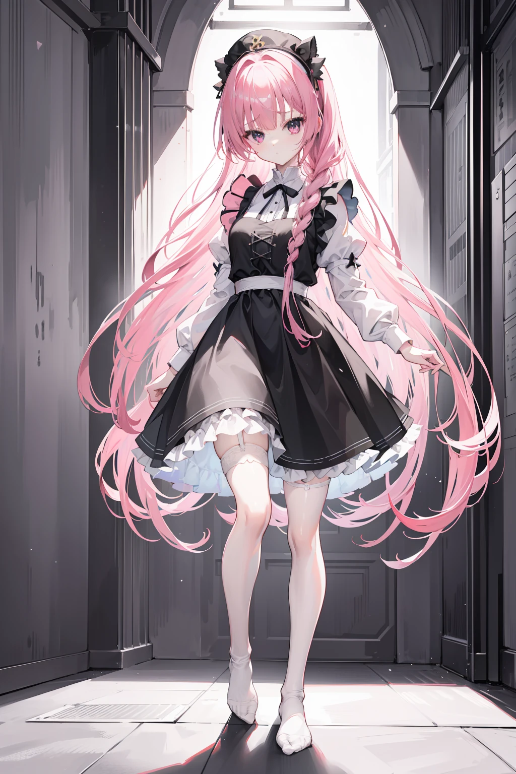 "1girl with long pink hair, mitsukasa ayase, donning a black and white maid outfit, black skirt with white apron, white stockings, suspenders, no shoes, standing in a medieval corridor, in absurdly high resolution, ultra-sharp 8K image quality, creating a visual masterpiece, and captivatingly staring at the viewer."