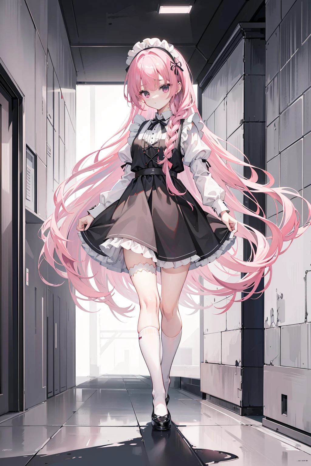 "1girl with long pink hair, mitsukasa ayase, donning a black and white maid outfit, black skirt with white apron, white stockings, suspenders, no shoes, standing in a medieval corridor, in absurdly high resolution, ultra-sharp 8K image quality, creating a visual masterpiece, and captivatingly staring at the viewer."