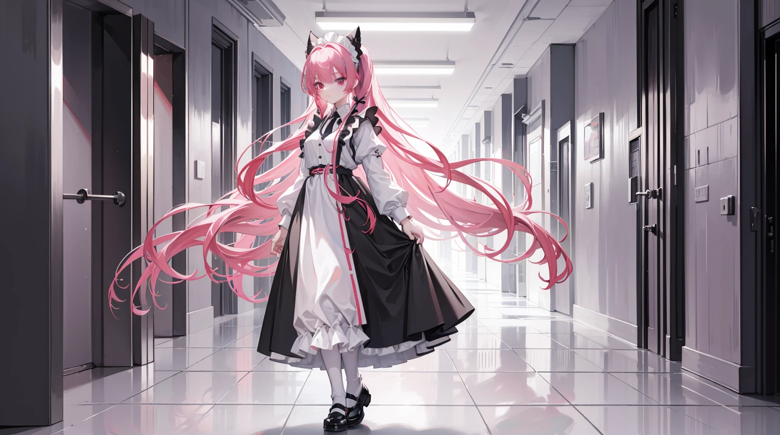 "1girl with long pink hair, mitsukasa ayase, donning a black and white maid outfit, black skirt with white apron, white stockings, suspenders, no shoes, standing in a medieval corridor, in absurdly high resolution, ultra-sharp 8K image quality, creating a visual masterpiece, and captivatingly staring at the viewer."