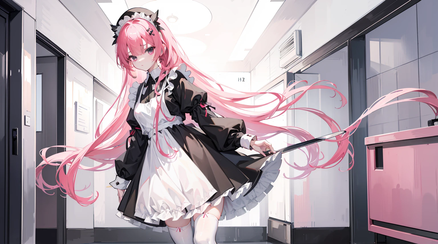 "1girl with long pink hair, mitsukasa ayase, donning a black and white maid outfit, black skirt with white apron, white stockings, suspenders, no shoes, standing in a medieval corridor, in absurdly high resolution, ultra-sharp 8K image quality, creating a visual masterpiece, and captivatingly staring at the viewer."