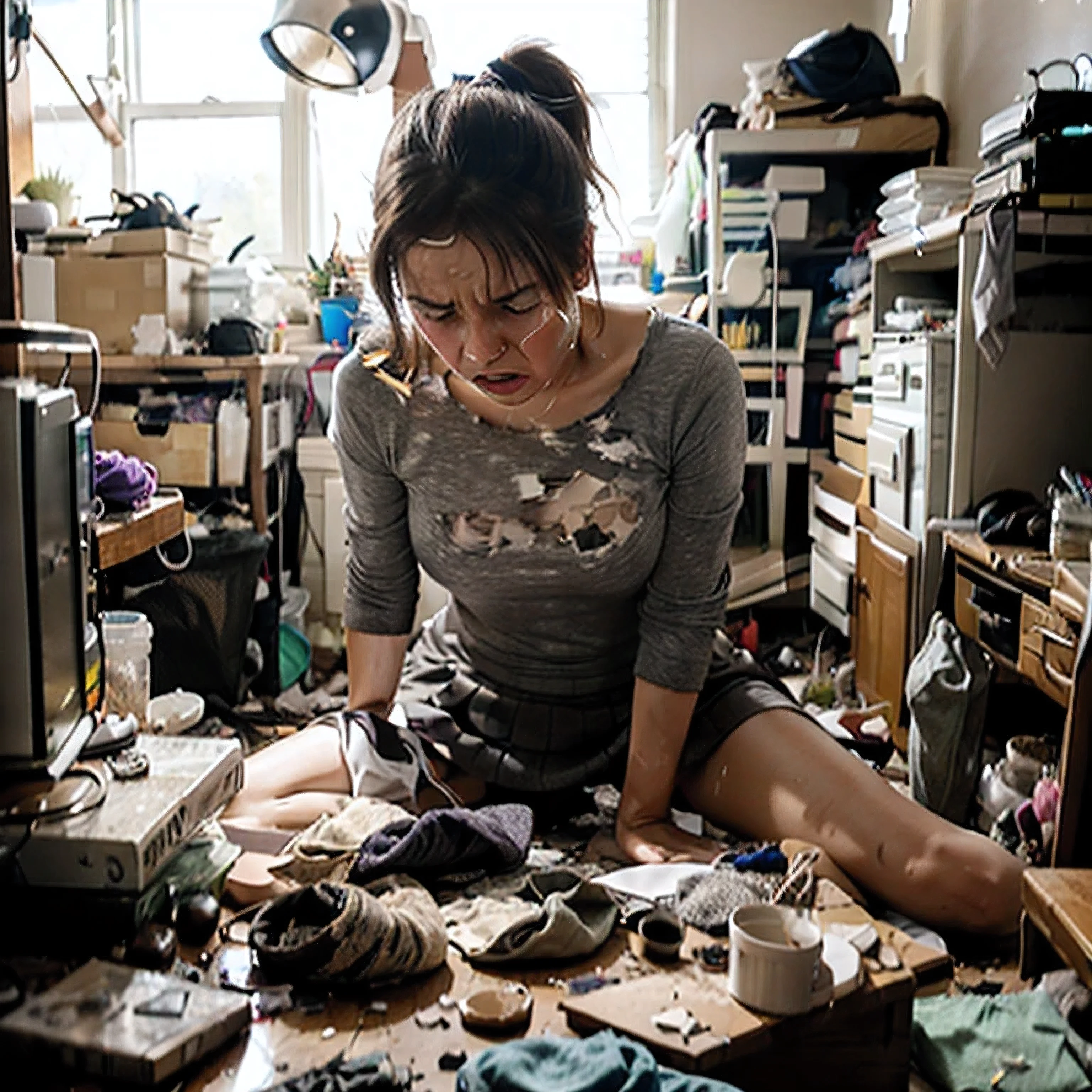 1girl, chinese girl, wearing a tight-fitting grey suit, dark grey skirt, she is sat on a broken chair, in an office that was trashed, hundreds of objects on the ground, broken cabinets, dirty working table, computer still on, the girl is angry and crying, dirty ragged clothes, ponytail, earrings, heavy makeup, pain, grimace, despair, lonely, sobbing, super detailed skin, Perfect Anatomy, wide shot, panorama, Wide-Angle, ray tracing, backlighting, reflection light, Photorealistic, Hasselblad, f/16, lens flare, masterpiece, UHD, 8k, best quality, highres, high details, super detail