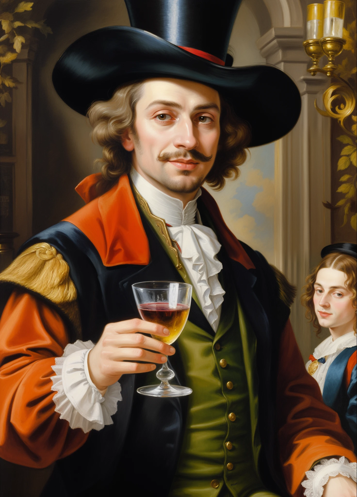 Painting of a man in a top hat with a glass of wine, inspired by Dirk Hals, based on Louis Lenain, inspired by Bartholomeus van der Helst, Emanuel de Witte, Portrait of an elegant man, inspired by Henry Hondius II, Gerard Van Honthorst