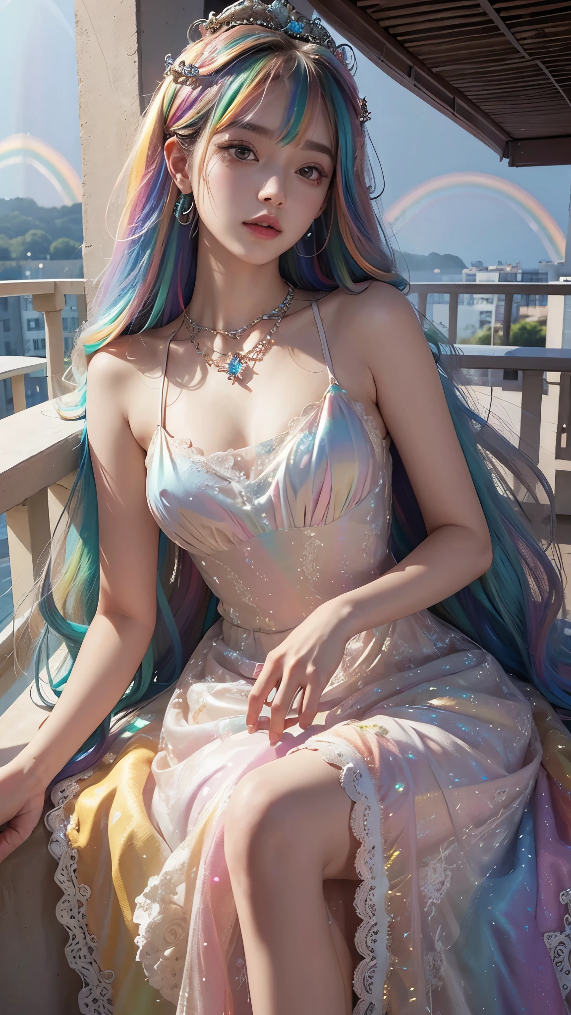 8k, masterpiece, 1 girl, beautiful face, very long hair, hair ornament, light makeup, detailed eyes, small round breast, ultra detailed clothes (rainbow princess dress:1.5), lace:1.5, ((closed up)), necklace, jewellery, amazing balcony background, sitting,