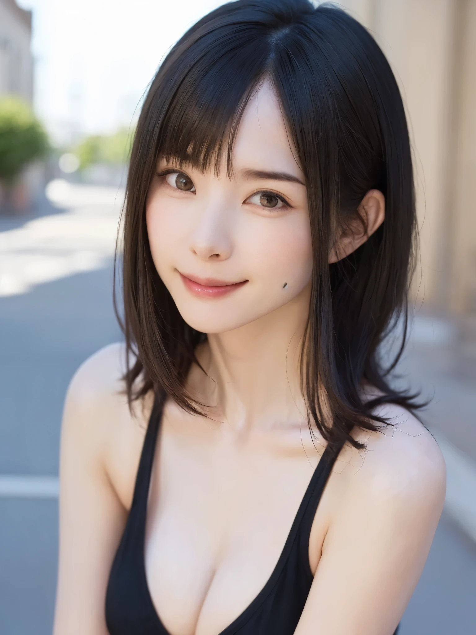 (masutepiece, top-quality、The ultra -The high-definition、Very attractive beauty、Add intense highlights to the eyes、Look firmly at the camera:1.4、Absolutely beautiful bangs:1.4、Brunette short bob hair with bangs:1.4),1girl in, 独奏, A dark-haired, scarf, Hats,, realisitic, looking at the viewers, black eyes of light color, shorth hair, coat, Winter clothes, White headscarf, s lips, lipgloss, The upper part of the body、big eye、Lashes)、((italian roads、ハイパーrealisiticスティック:1.4))、((Shorthair with bangs:1.4、Beautiful bangs with 46 points:1.4、{Gigantic|Big|Huge|Mega} breasts:1.5, cleavage、big eye、Put very strong highlights in your students、very Bigger breasts、gazing at viewer、Very beautiful beauty、Put your ears out、long neck、little smiling、Beautiful teeth、Open your mouth and smile))、28 year old、Very cute supermodel