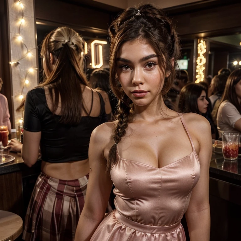 the entire body from head to toe is recommended,prise en pied, a woman with brown hair in a party night for the new year ,:: ,:: madison beer, streaming, pigtail, photorealistic - , 🎀 🧟 🍓 🧚, see, live2d, looks like laura barriales, —ar 9:16, sam nassour, 5 0 s, insanely cute, in night party for the new year 2024 , straight eyebrows and night closes 👗,