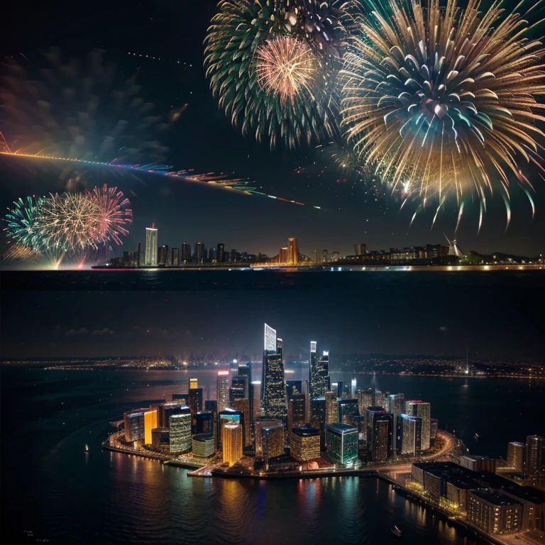 create an image diffuse dynamic colours of a city with buildings on the edge of a lake with water moved by wind, lit by multicolored fireworks in celebration of a new year, ultrarealistic, multidetailed, vibrant lights, intricate, cinematic, 4d, 8k