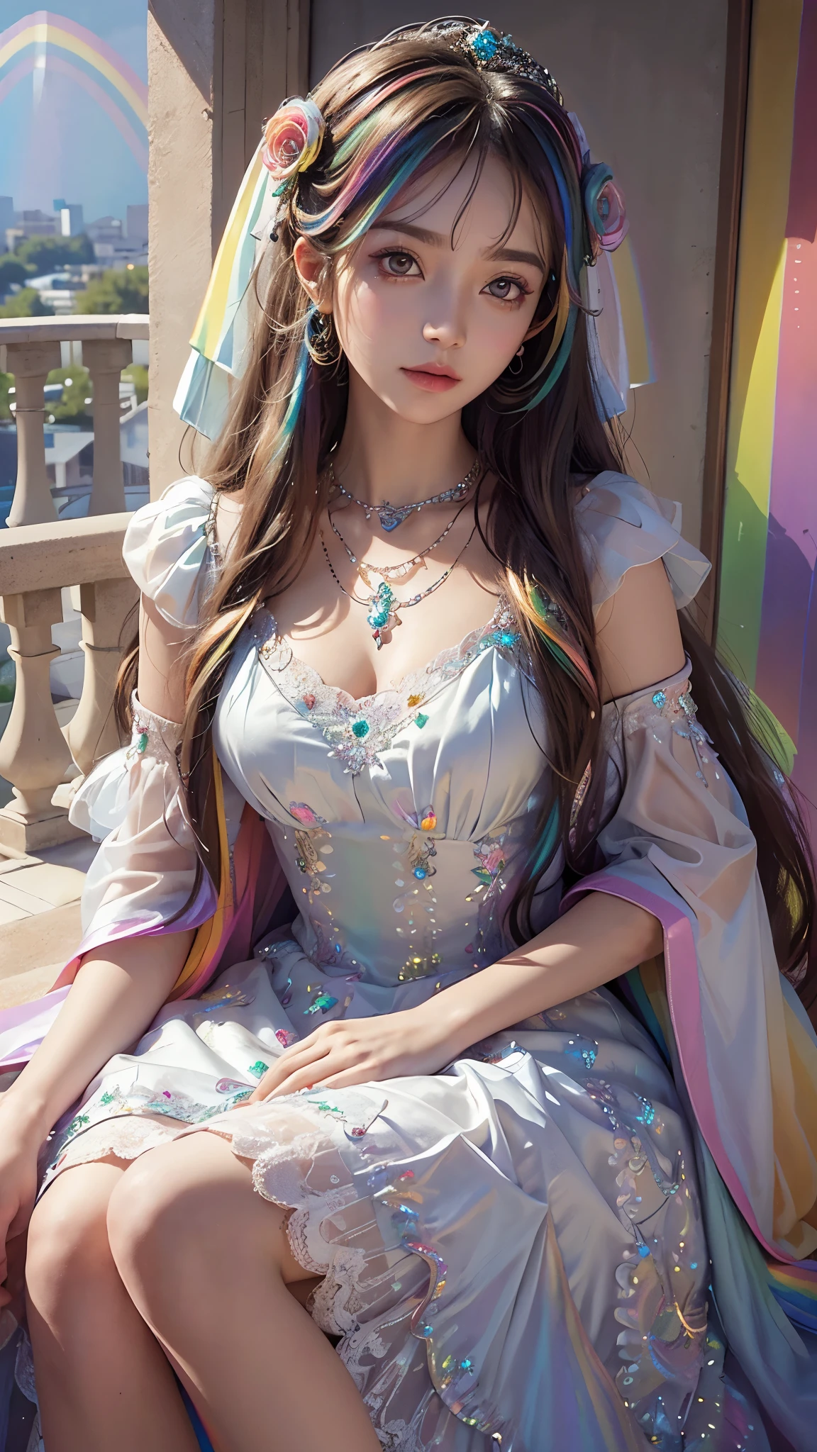 8k, masterpiece, 1 girl, beautiful face, very long hair, hair ornament, light makeup, detailed eyes, small round breast, ultra detailed clothes (rainbow princess dress:1.5), lace:1.5, ((closed up)), necklace, jewellery, amazing balcony background, sitting,