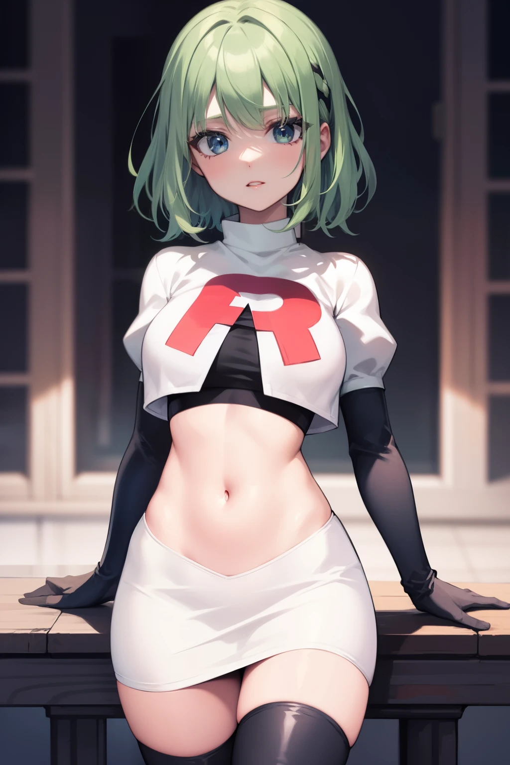 fembyleth, very short hair, light green hair ,glossy lips ,team rocket uniform, red letter R, white skirt,white crop top,black thigh-high boots, black elbow gloves, looking at viewer, cowboy shot