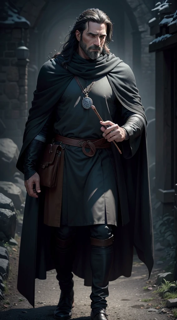 (best quality,4k,highres:1.2),ultra-detailed,(realistic,photorealistic:1.37),full body,40-year-old man,arrogant face,sharp features,slim face,thin face,detailed face,fatigued expression,long black hair with white strands,black medieval clothes,silk scarf,gloved hands,dark and moody lighting,portrait,contrasting colors,subtle shadows,mysterious atmosphere, full body, big bulge
