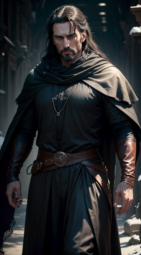 (best quality,4k,highres:1.2),ultra-detailed,(realistic,photorealistic:1.37),full body,40-year-old man,arrogant face,sharp features,slim face,thin face,detailed face,fatigued expression,long black hair with white strands,black medieval clothes,silk scarf,gloved hands,dark and moody lighting,portrait,contrasting colors,subtle shadows,mysterious atmosphere, full body, big bulge