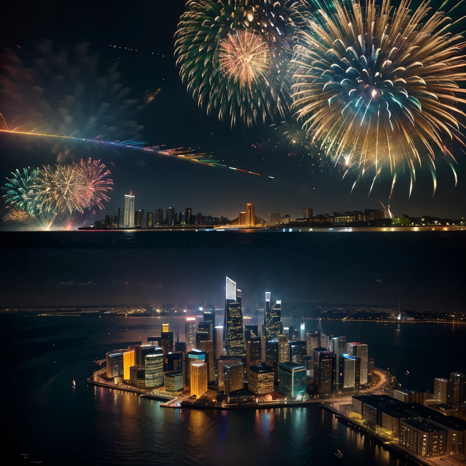 create an image diffuse dynamic colours of a city with buildings on the edge of a lake with water moved by wind, lit by multicolored fireworks in celebration of a new year, ultrarealistic, multidetailed, vibrant lights, intricate, cinematic, 4d, 8k