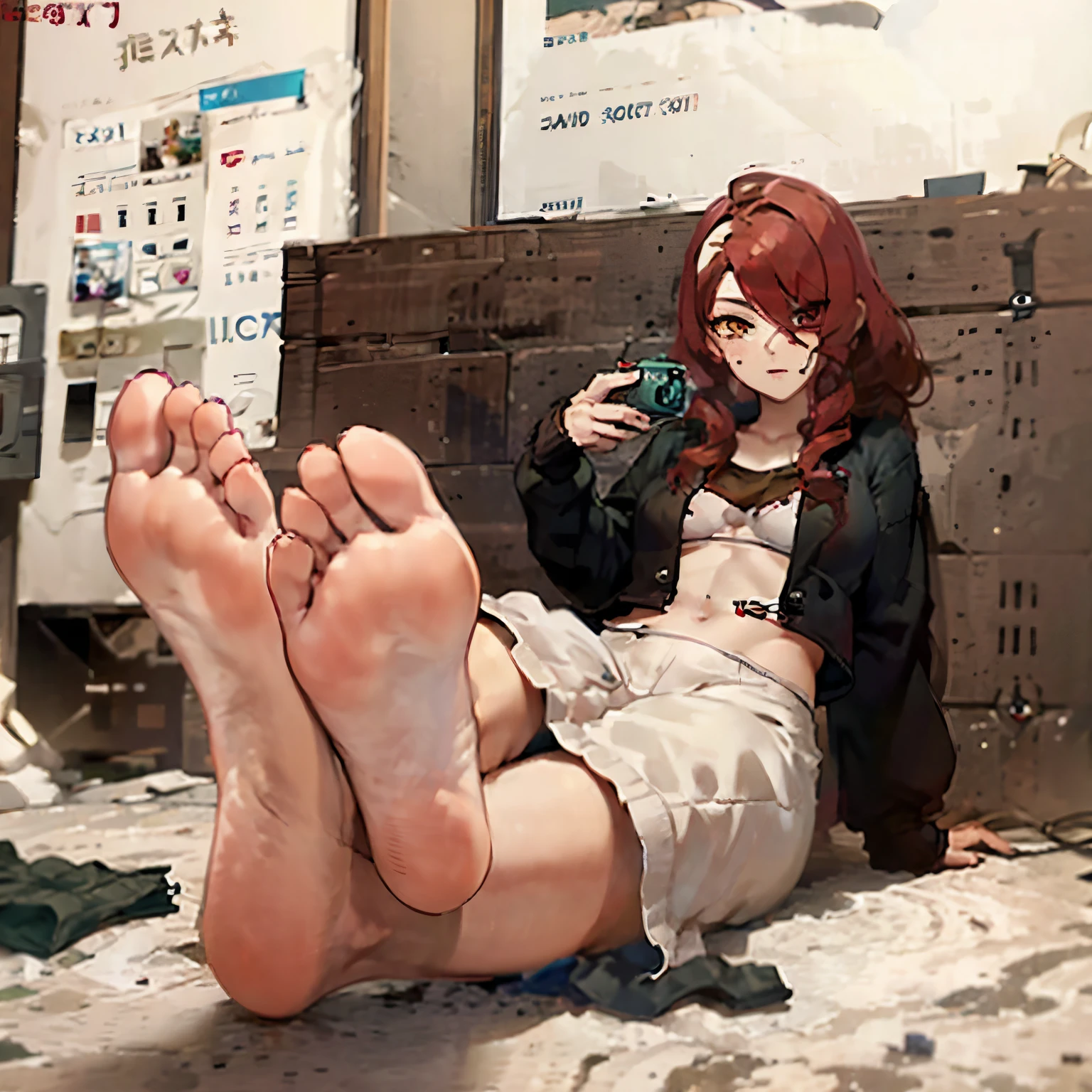 woman about 18 years old with curly red hair with eyes with heterochromia barefoot with beautiful feet