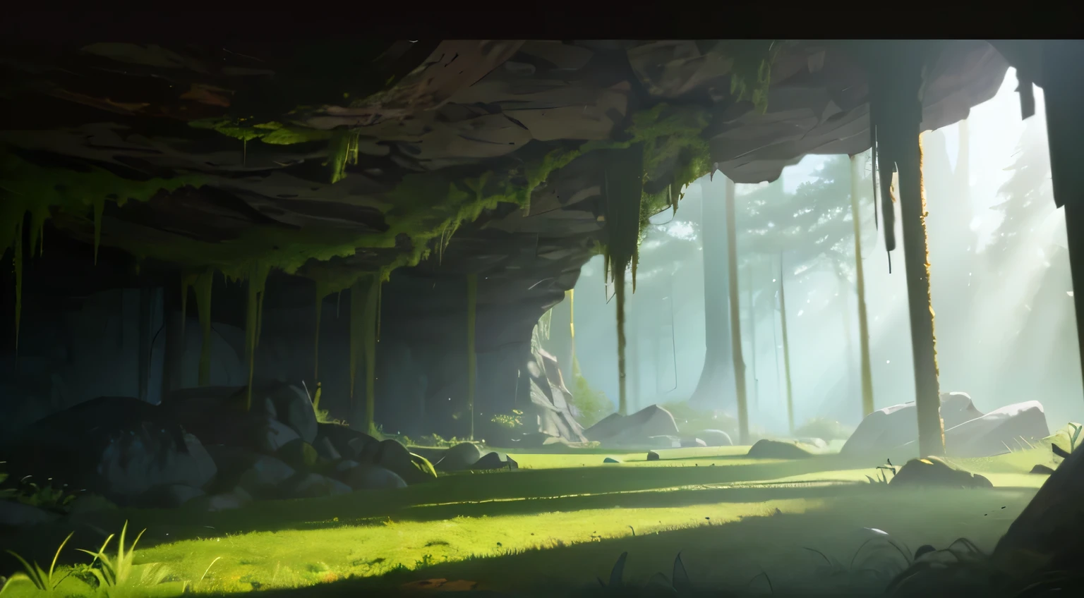 Harsh light, intense contrast, A cave with an open ceiling, Bigfoot lurking in the distance, Cast sunlight on green moss and ferns,  And an open one( seaview:1.1) at the bottom, Cell shading rendering, 4K,  360 degree, equirectangular,