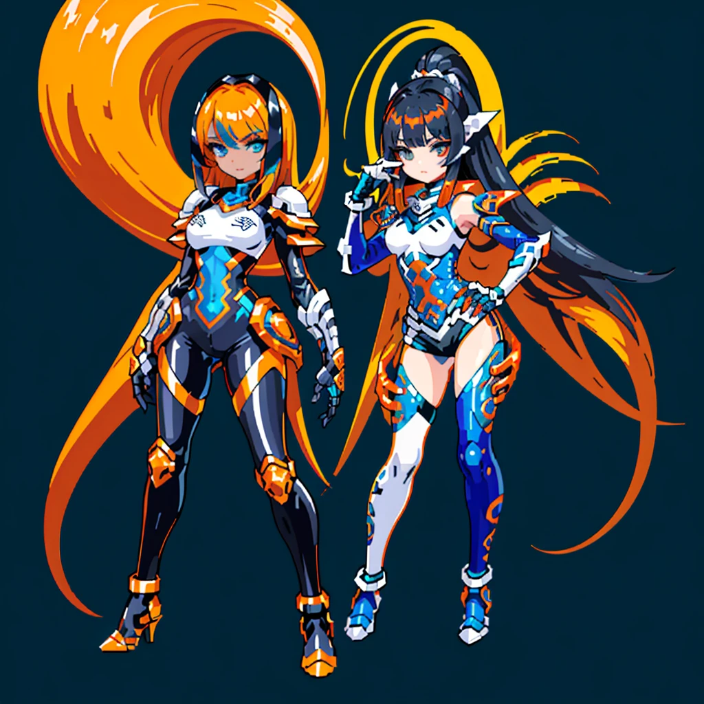 3Menina , (((pele escura)))), Cabelo preto com Rabo de cavalo, (((Blue Eyelack metallic gauntlets and greaves with orange and silver highlights)), (((The clothes have a mix of modern and tribal))), (((The clothes have a mix of modern and tribal))), tendo principalmente a cor preta, but having pieces of orange, ombros expostos, On the hip are black shorts that extend to mid-thigh.. ((Casaco preto com uma parte interna laranja)) nada absurdo, best resolution, alta resolução, Melhor Rosto, olhos melhores, melhor qualidade,