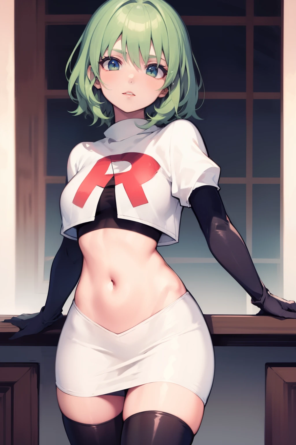 fembyleth, very short hair, light green hair ,glossy lips ,team rocket uniform, red letter R, white skirt,white crop top,black thigh-high boots, black elbow gloves, looking at viewer, cowboy shot