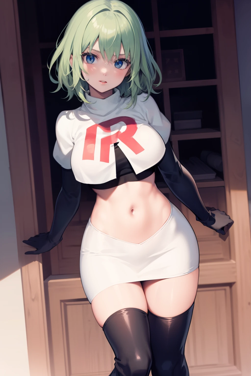 fembyleth, very short hair, light green hair ,glossy lips ,team rocket uniform, red letter R, white skirt,white crop top,black thigh-high boots, black elbow gloves, looking at viewer, cowboy shot