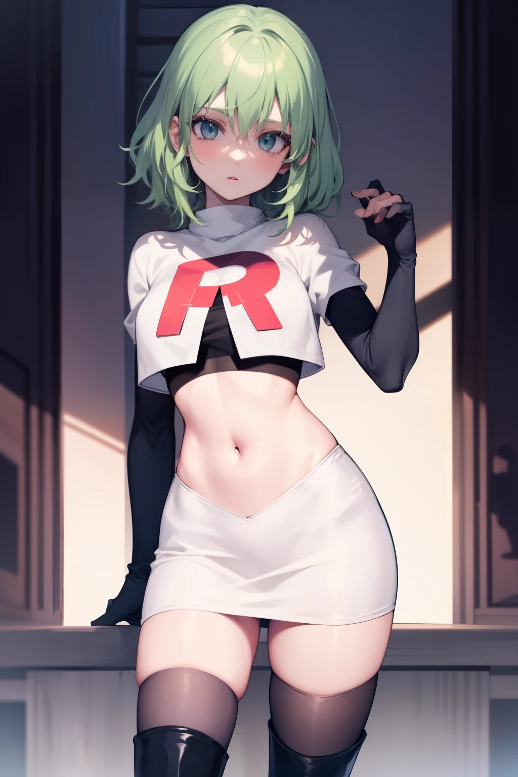 fembyleth, very short hair, light green hair ,glossy lips ,team rocket uniform, red letter R, white skirt,white crop top,black thigh-high boots, black elbow gloves, looking at viewer, cowboy shot