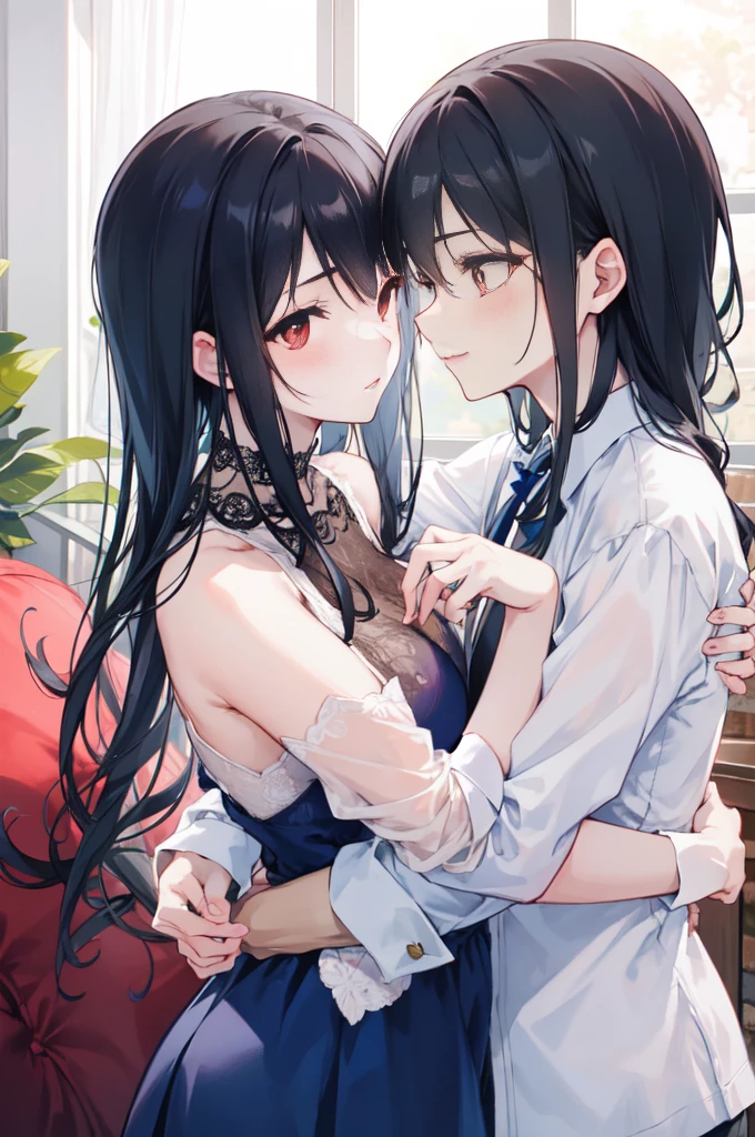 "4k romantic fantasy scene: Mature couple embracing tenderly. man with black hair and blue eyes, And that woman with elegant black hair and charming red eyes."