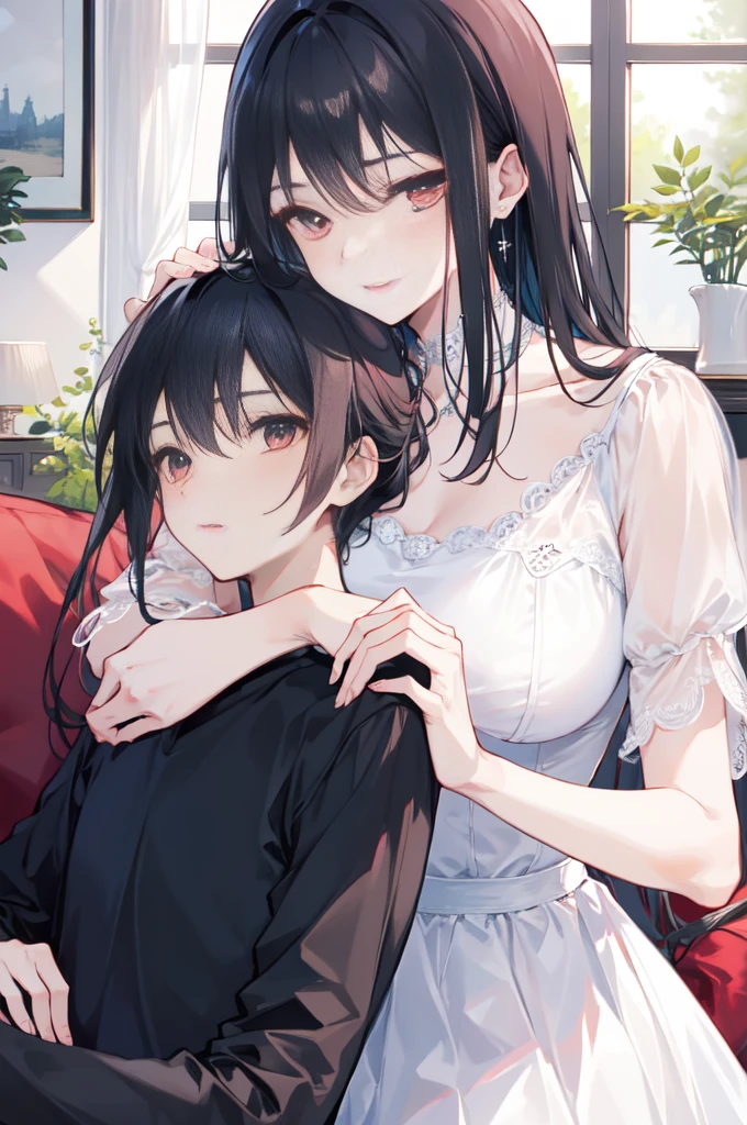 Highest quality、Realistic、Japanese、female、zoom、cute、Grey Eyes、Hair Bun、Chestnut Hair、Back to all、the forehead is protruding、Wedding Lingerie、Looking down、smile、thin、Small breasts