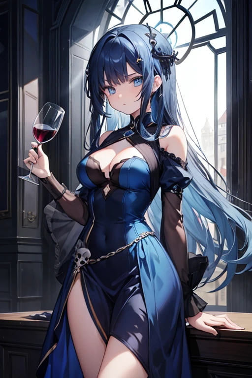 1girl, 18 years old, long dark blue hair, blue eyes, blue short long dress, princess death, skull hair clip, serious, holding glass of wine, , hour glass body.