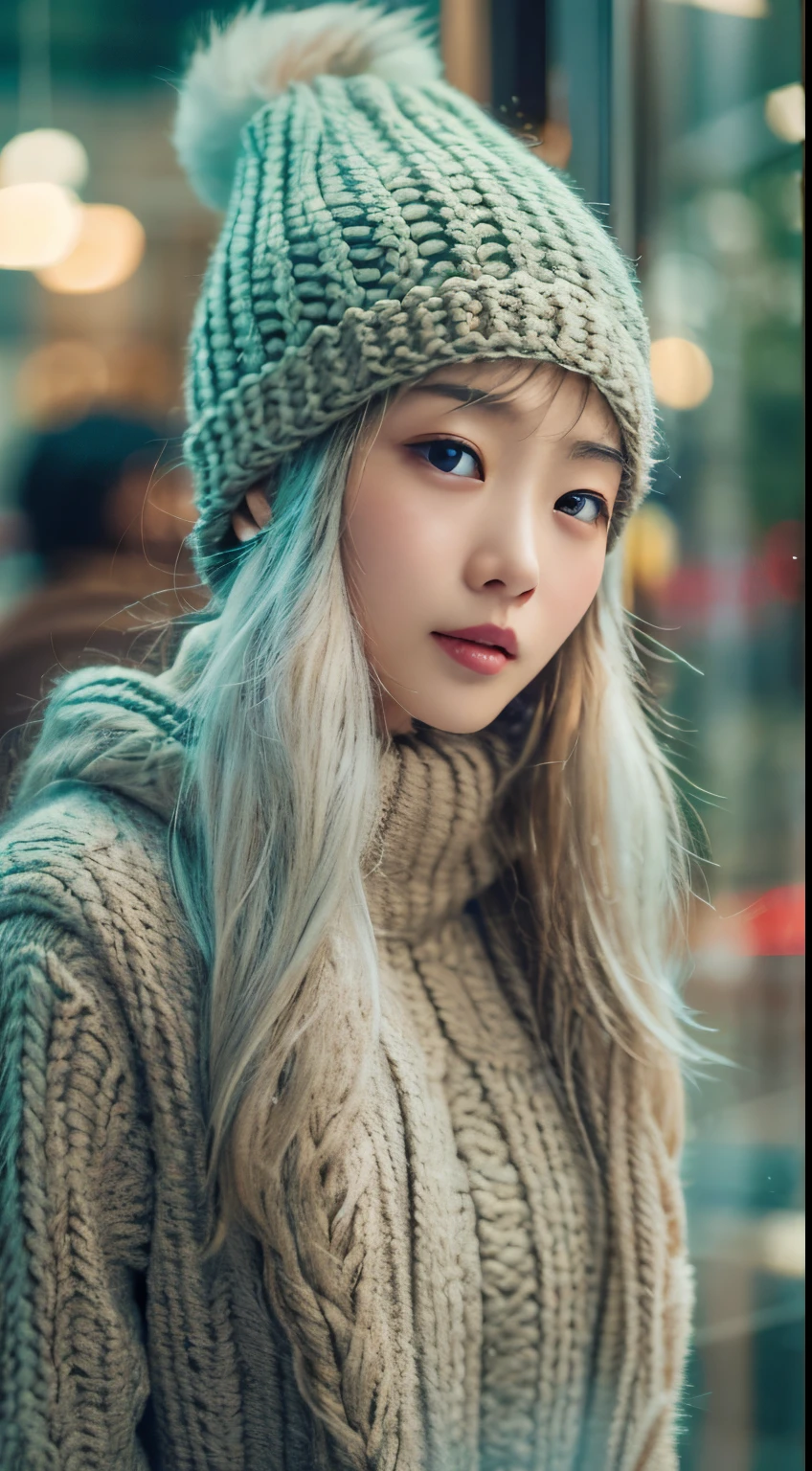 stand in front of the Christmas show window, japanese woman, Winter fashion, knit hat, pupils sparkling, silver long hair, depth of field, f/1.8, anatomically correct, textured skin, super detail, high details, high quality, super detail, high details, high quality, best quality, highres
