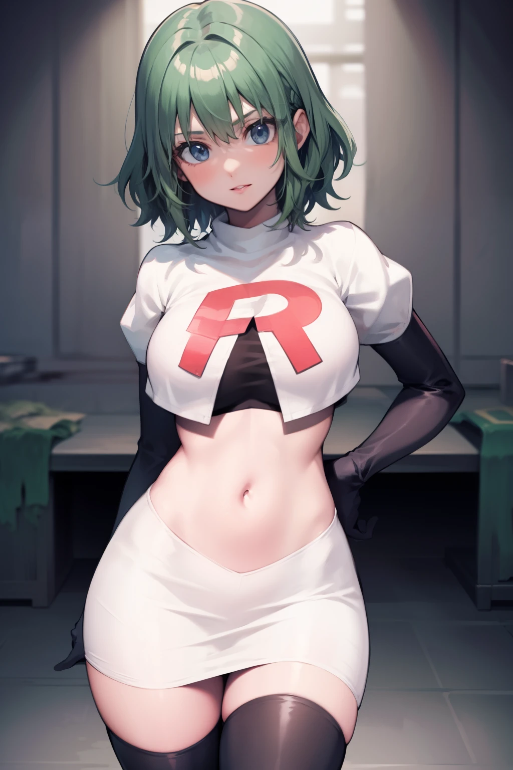 fembyleth, very short hair, light green hair ,glossy lips ,team rocket uniform, red letter R, white skirt,white crop top,black thigh-high boots, black elbow gloves, looking at viewer, cowboy shot