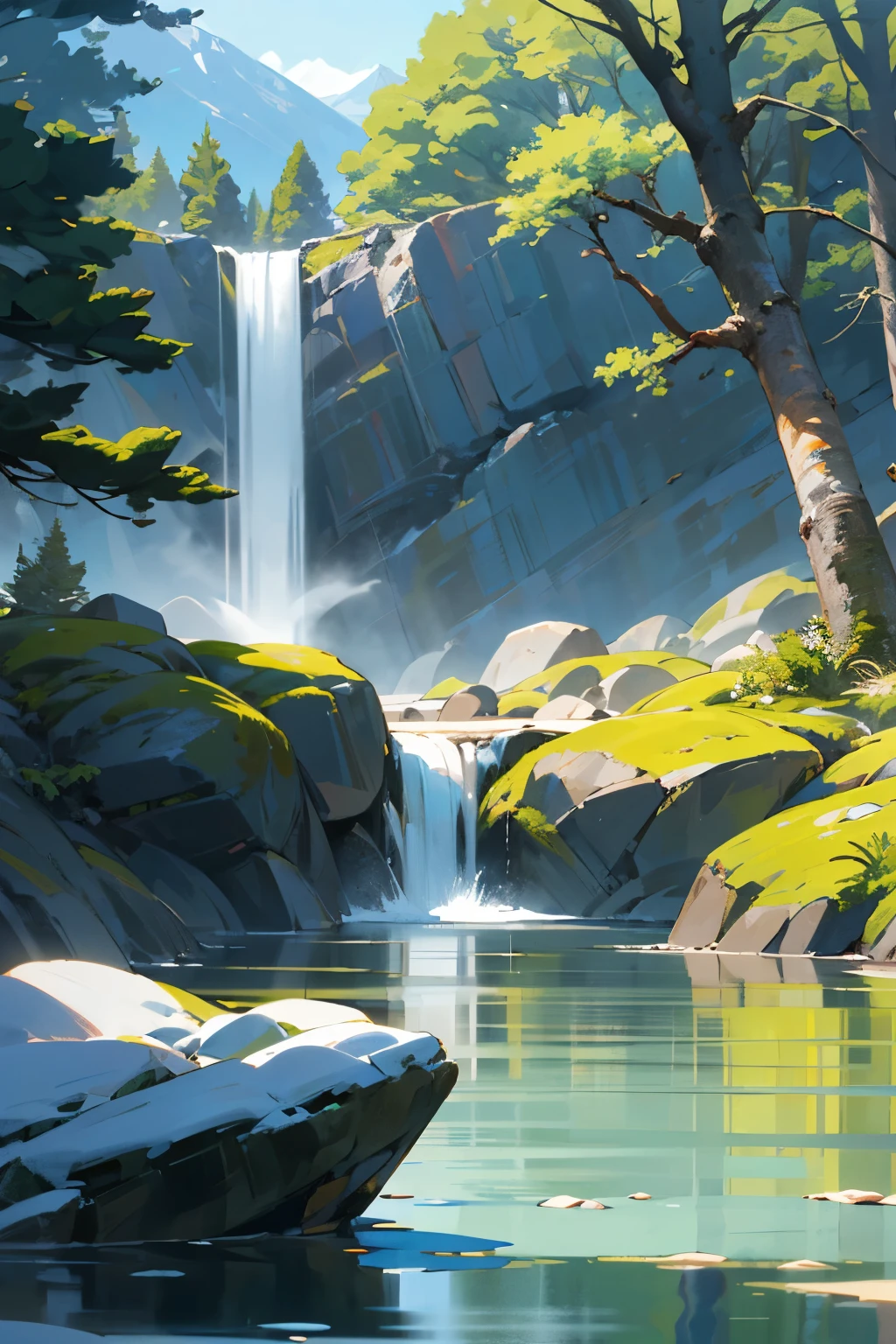 is a colorful illustration of a natural landscape. Here is a detailed description:

Waterfall: A waterfall flows gracefully from a rocky cliff, creating a crystal blue lake below. The water shines in the sunlight and reflects the colors of the sky and trees. The waterfall is the central and most impressive element of the image.
Trees: Tall, green trees, possibly pine or fir, surround the waterfall and lake. They create a contrast with the blue of the water and sky, and add a sense of depth and perspective to the image. The trees also suggest that the scene takes place in a cold, mountainous region.
Mountain: A snow-capped mountain rises majestically in the background under a clear blue sky. It is the most distant and tallest element in the image, and conveys a feeling of grandeur and grandeur. The mountain also indicates that the scene takes place at a high altitude and that the waterfall is fed by meltwater.
Rocks: Large rocks are scattered across the foreground and edge of the lake. They are gray and brown in color, and have irregular and angular shapes. They create a contrast with the smoothness and fluidity of the water, and add a sense of texture and realism to the image. The rocks also serve as points of interest and balance in the composition of the image.