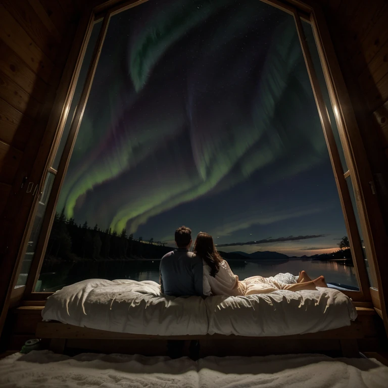 A man and woman in bed, cabin in the woods whit big windows, night, aurora, moonlight, stars, lake beside, owl in a tre