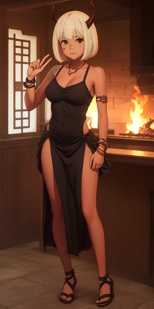 SFW, Female Full body standing straight symmetrical, looking to the viewer, hands on hips, peace sign, A woman,short detailed hair,ember,white backgrounid,Masterpiece, Best quality, Beautiful, Visually stunning, elegant, incredibily detailed, Award-winning art, 0n1, Red skin, oni horns, their, Red them, Colored skin, metal sandals