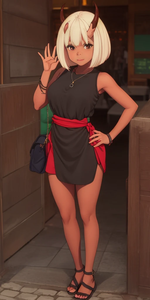SFW, Female Full body standing straight symmetrical, looking to the viewer, hands on hips, peace sign, A woman,short detailed hair,ember,white backgrounid,Masterpiece, Best quality, Beautiful, Visually stunning, elegant, incredibily detailed, Award-winning art, 0n1, Red skin, oni horns, their, Red them, Colored skin, metal sandals