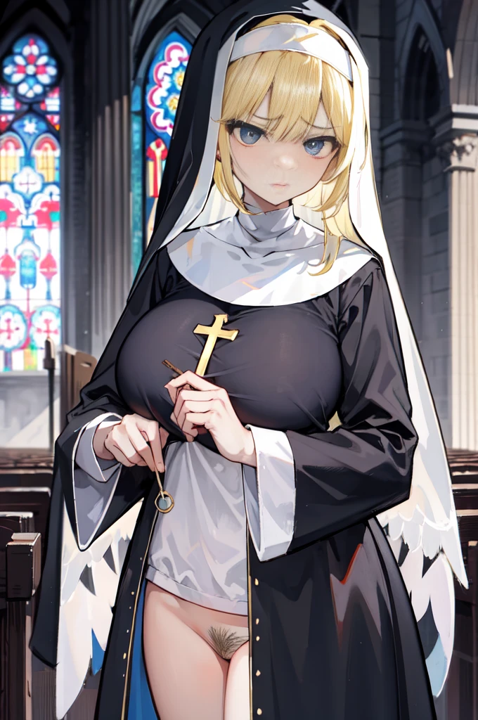 lewd nun,dressed in(Ultra-short)lewd nun德雷苏利全身照片,huge titmouse,titmouse,hason,,(),,teary,glaring eyes,((独奏)),,combed blonde hair,Craving sexual,Pubic hair shows through,Loose collar,sandwiched,Church background