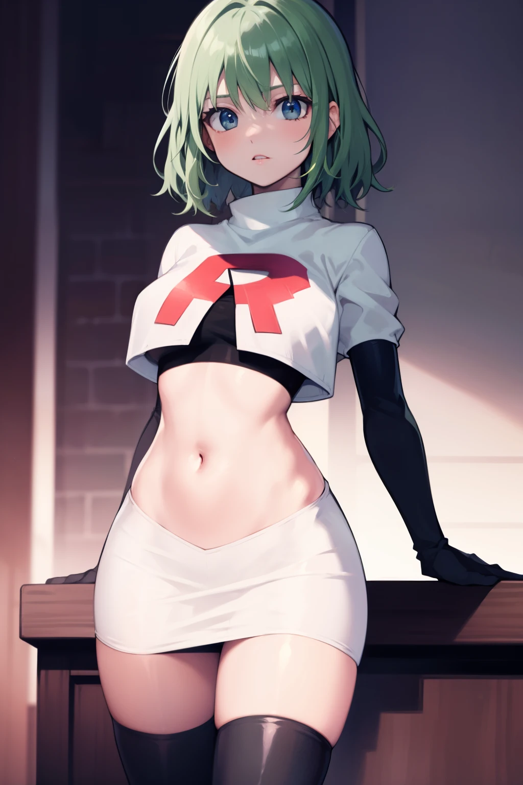 fembyleth, very short hair, light green hair ,glossy lips ,team rocket uniform, red letter R, white skirt,white crop top,black thigh-high boots, black elbow gloves, looking at viewer, cowboy shot